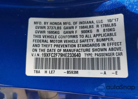 2017 Honda Civic Ex из США, поврежденный, VIN 19XFC2F79HE233640